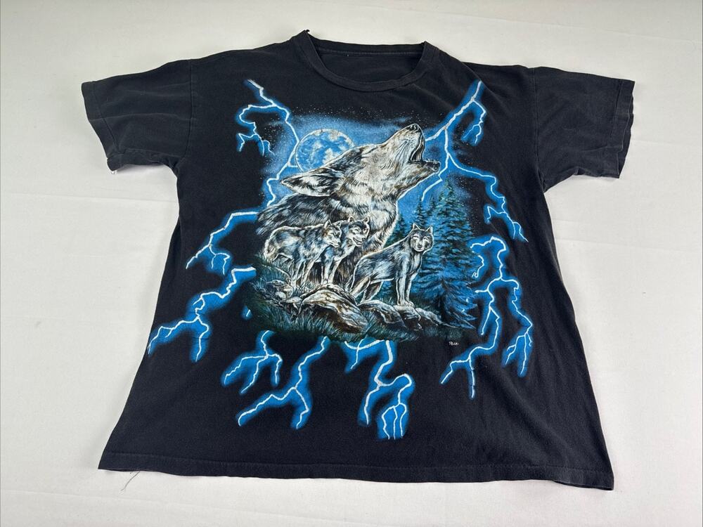 Vintage 90’s American Thunder Wolf Pack Black Lighting Tee Shirt Large